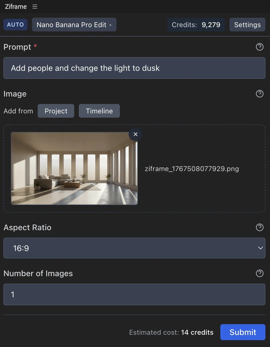 Ziframe After Effects extension interface showing AI model selection and generation options